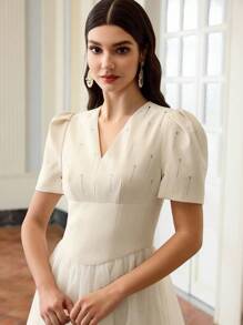ZEYLAH Women's Rhinestone Decor V-Neck Puff Short Sleeve Elegant Midi Dress