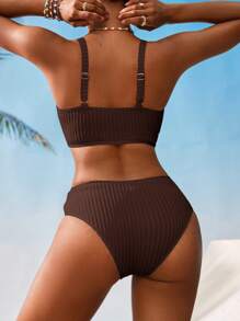 Swim Vcay Women V-Neck Textured Striped Bikini Set For Summer Beach Vacation - Brown - View 2