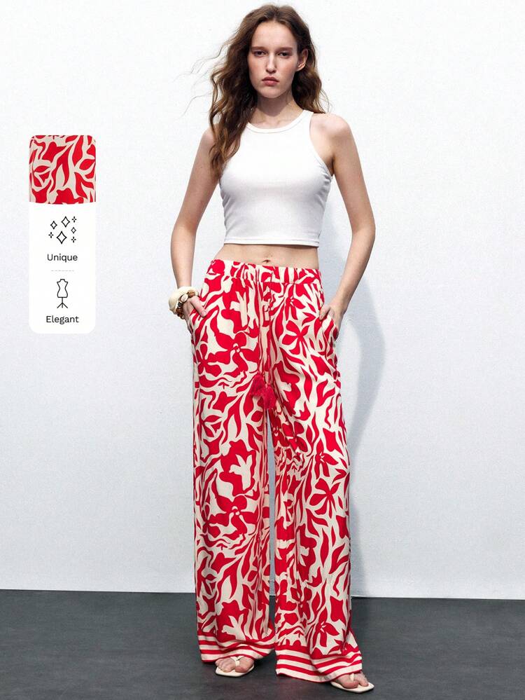 SHEIN Maija Red And White Checkered,Summer,Boho,Vacation,Holiday Pants For Women,Floral Print Tassel Decor Spring/Summer Outfit,Modern Beach Clothing,Bohemian