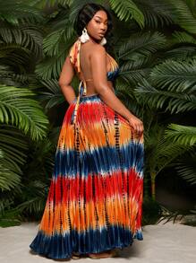 SHEIN SXY Plus Size Women's Spring & Summer Tie-Dye Ruched Backless High Slit Dress,Navy Blue,Summer,Boho,Bridesmaids,Vacation,Holiday, Beach Party Outfit - Multicolor - View 2