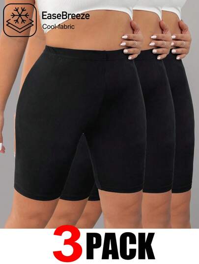 SHEIN EZwear Plus Size Women 3-Piece Black Skinny Leggings Set,Workout Sets Women,Biker Shorts,Spring Summer Clothes