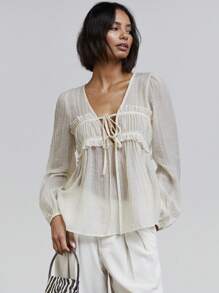 Athîral 女式纯色前系带长袖褶皱时尚衬衫