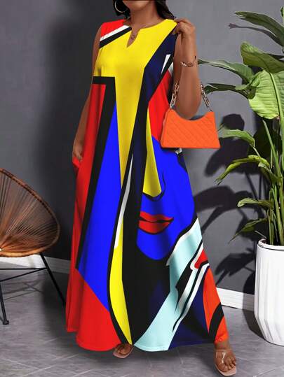 Maweii Plus Size Casual Solid Color Loose Random Colorful Print Dress, Spring/Summer Women Outfit, Elegant