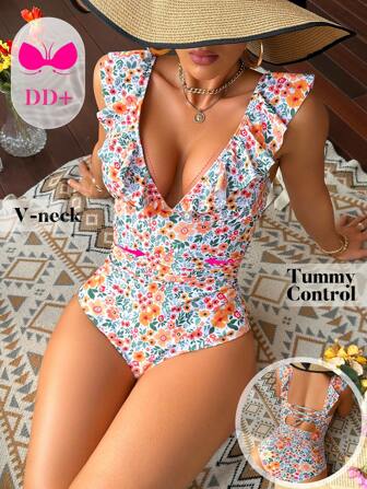 Swim DD+ 1 件女式碎花荷叶边连体泳衣，适合夏季海滩度假