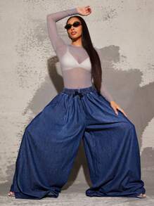 Vixey 抽绳可调节腰部超宽腿裤，女士春季服装，夏季服装，春季服装，女士街头服饰 - 藍色 - 查看 1