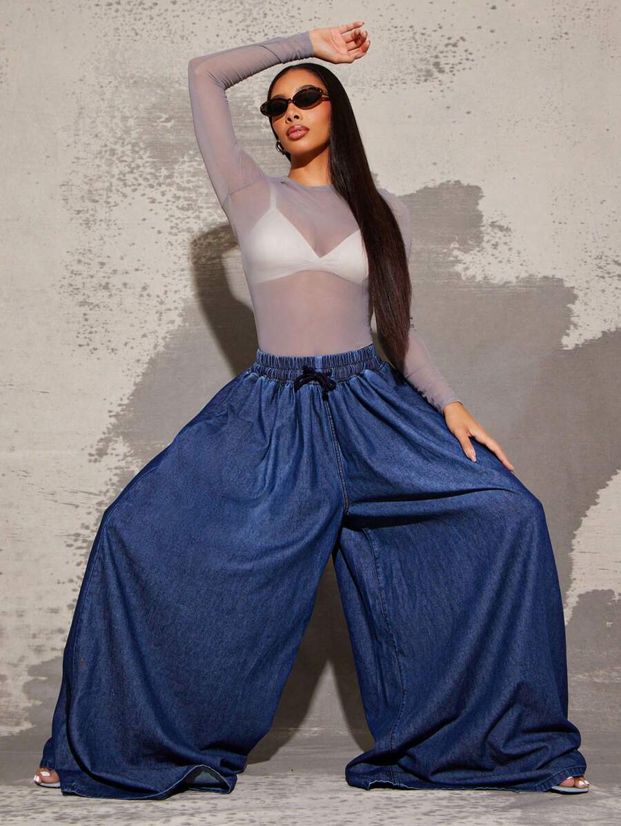 Vixey 抽绳可调节腰部超宽腿裤，女士春季服装，夏季服装，春季服装，女士街头服饰 - 藍色 - 查看 1