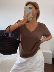 DAZY 女士纹理纯色短袖V领宽松休闲夏季上衣T恤，商务休闲女装，教师款 - 棕色 - 查看 7