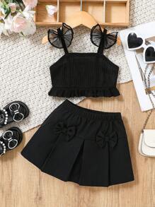 SHEIN 2-częściowy zestaw dla dziewczynek na wiosnę/lato - czarny elegancki minimalistyczny siateczkowy kokardkowy ozdobnik, dzianinowy top na ramiączkach i spódnica z kokardą