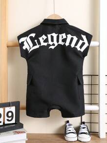 SHEIN 婴儿字母印花针织软领短袖连体衣带短裤，适合男婴和女婴