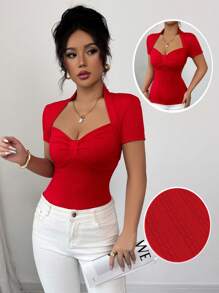 Chiquease 女士性感优雅派对及节日红色蝴蝶结装饰修身高弹柔软亲肤百搭短袖百搭 T 恤 - 紅色 - 查看 1