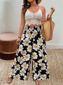 Breezaya 大码女式花卉印花松紧腰休闲阔腿裤 - 黑色 - 查看 7