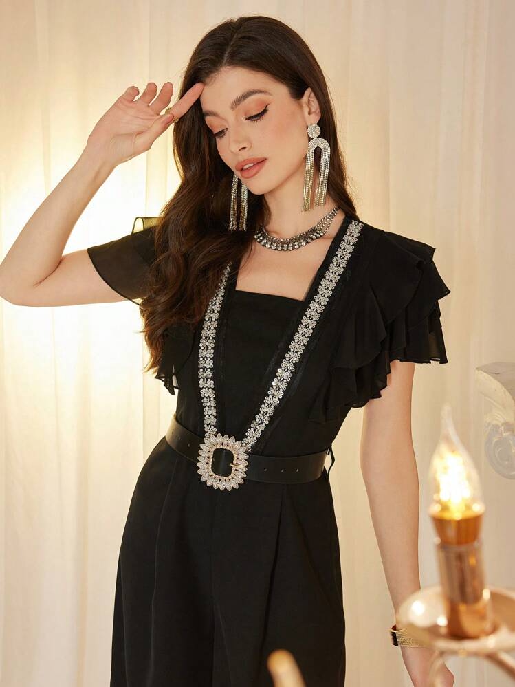 Modelyn 女式时尚奢华水钻纽扣连体裤 - 黑色 - 查看 4