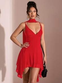 SHEIN BAE 夏季海滩度假优雅纯黑色深 V 领缎带迷你连衣裙，适合日常约会、夜间外出、夜总会、派对、聚会、鸡尾酒会、节日连体裤、泳池派对、办公室穿着、通勤连衣裙