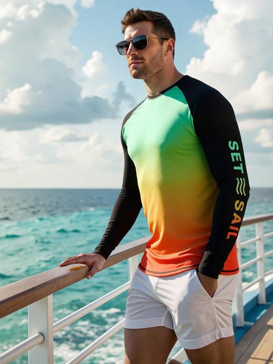 Manfinity Swimmode Men's Letter Print Raglan Long Sleeve Ombre Color Surfing T-Shirt Long Sleeve Men Tops Long Sleeve Shirt,Hawaiian, Swim Shirt Men, Surf Shirt, Long Sleeve Swim Shirt, Men Ombre Shirt