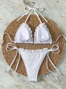 Swim SXY Springbreak Fashionable Elegant Cute Draped Frilled Metallic Mesh Triangle Halter Solid Color Side-Tie Bikini Two-Piece Swimwear, Summer Beach Vacation - White - View 6