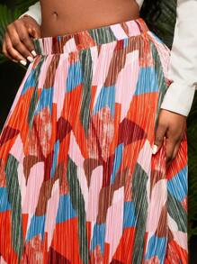 SHEIN SXY Plus Size Women Plus High Waisted Asymmetrical Hem Color Block Print Pleated Skirt, Suitable For Daily Wear, Beach Vacation, Date Night, Birthday, Bachelorette Party, Cute, Casual, Shopping, Streetwear, Going Out, Easy To Match & Looks Slim, Accent Your Body