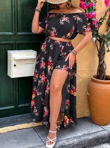 SHEIN VCAY Conjunto 2 en 1 de talla grande, blusa con hombros descubiertos y estampado floral romántico, y falda/pantalón de línea A con abertura frontal, conjunto casual para vacaciones, primavera, verano, playa y brunch para mujer, también ideal para aeropuerto.
