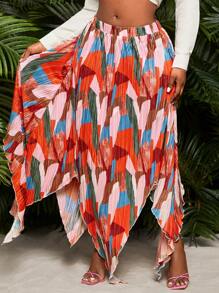 SHEIN SXY Plus Size Women Plus High Waisted Asymmetrical Hem Color Block Print Pleated Skirt, Suitable For Daily Wear, Beach Vacation, Date Night, Birthday, Bachelorette Party, Cute, Casual, Shopping, Streetwear, Going Out, Easy To Match & Looks Slim, Accent Your Body