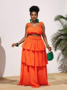Slaydiva Nuevo conjunto de 2 piezas talla grande para 2025: Falda de volantes de color naranja liso y vestido largo con top de chaleco fruncido