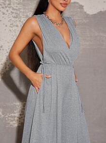 Vixey Deep V Neck Brushed Jersey Wide Leg Jumpsuit - Grey - View 5