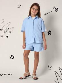 SUMWON Girls Summer Broderie Anglaise Set Two-Piece Boxy Button-Up Shirt Shorts Matching Outfit Beach Vacation Resort Wear Weekend Casual Spring - Blue - View 1