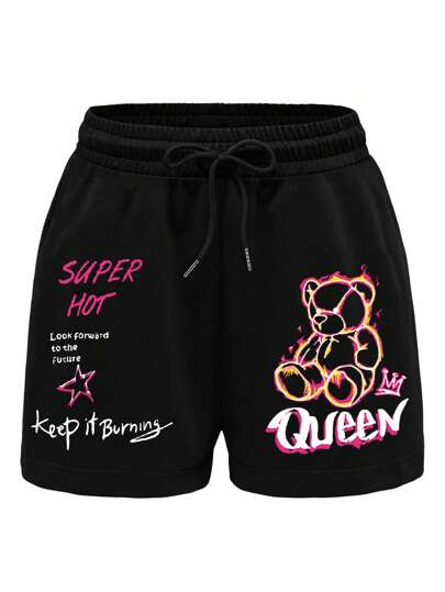INAWLY 大码女式涂鸦熊印花抽绳腰休闲短裤，春夏