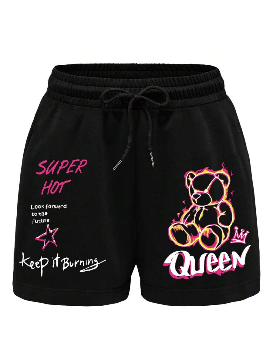 INAWLY 大码女式涂鸦熊印花抽绳腰休闲短裤，春夏 - 黑色 - 查看 1
