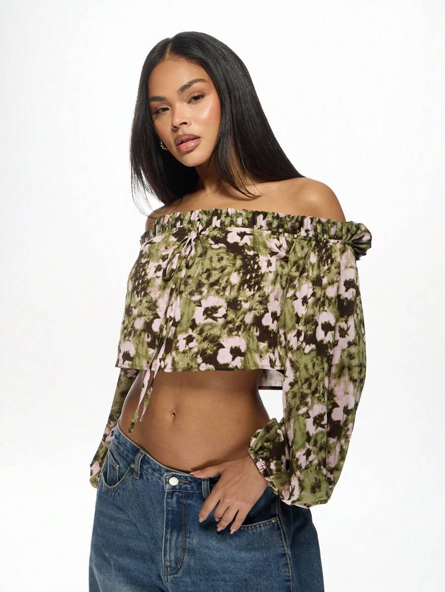 MISSGUIDED 露肩短款上衣，扎染印花迷彩图案，泡泡袖，一字领，夏季节日波西米亚休闲风，弹性领口，街头风，圣诞节