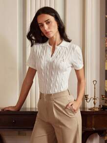 Anewsta Elaire Anewsta 春夏 Old Money 优雅简约 Polo 领短袖针织毛衣，羊毛混纺 - 白色 - 查看 7