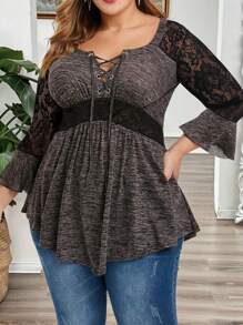 INAWLY Women's Plus Size Contrast Lace Stitching Cross Strap T-Shirt - Black - View 1
