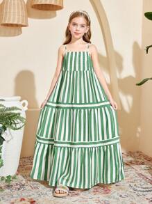 SHEIN Leap Crew Váy yếm in họa tiết sọc rộng rãi cho bé gái tuổi teen, đi nghỉ - màu xanh lá - Xem 4