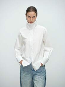 Aalyst Women's Fashion Casual Commute Elegant Long Sleeve Lapel Open Front Solid Color 100% Cotton Shirt - White - View 3