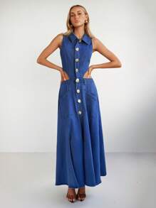 Forever 21 Sleeveless Vintage Elegant Street Style Dress For Women, Spring - Medium Wash - View 4