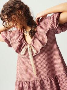 Bohemela 女士纯色拼接短袖褶边休闲短裙 - 黑色 - 查看 7