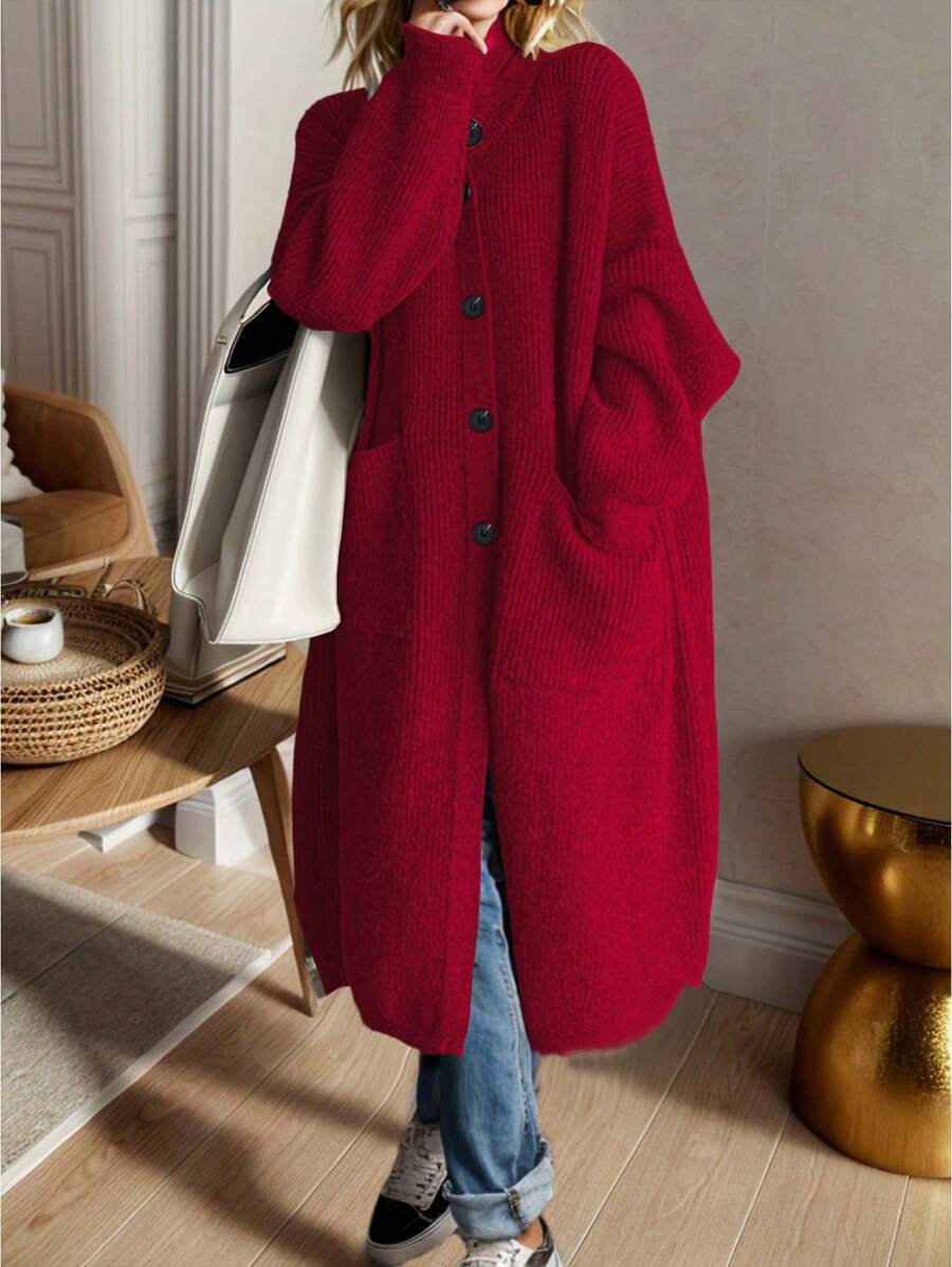Áo khoác cardigan dài đơn hàng khuy đơn màu trơn đơn giản dành cho nữ cho trang phục năm mới - Đỏ - Xem 1
