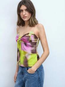Maija Women's Green Summer, Tie Front, Transparent Shoulder Strap, Invisible Side Zipper, Tie-Dye Print, Pleated, Fashion, Elegant, Women's Outdoor Camisole Crop Top, Suitable For Concerts Going Out - Green - View 5