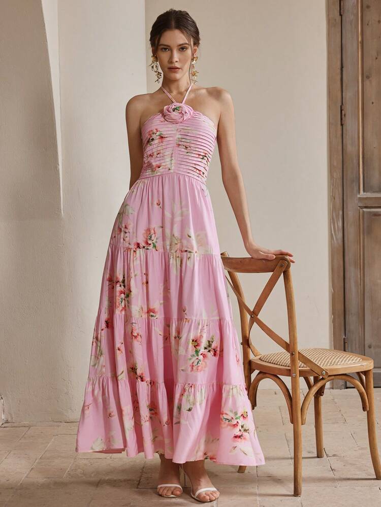Elegant Floral Backless Women Summer Casual Vacation Long Floral Print Slip Dress Slim Fit, Pink