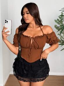 SHEIN LUNE Plus-Size Women's Bow V-Neck Sexy One-Shoulder New Year Top - Brown - View 4