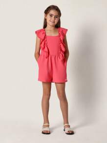 SUMWON Oversized Ruffle Summer Playsuit Flutter Sleeve Square Neck Design Girls Outfit Youth Fashion Breathable Beach Vacation Cute Holiday Dress - Coral Pink - View 3