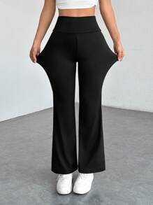 SHEIN PETITE Women's Solid Color Flared Trousers Black And White Two-Pack More Choices - Black and White - View 6