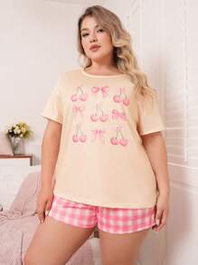 SweetSlumber Plus Size Cherry Bow Print Short Sleeve Top And Plaid Shorts Pajama Set - Multicolor - View 4