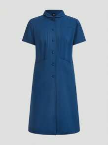 Scrubzie Women's Anti-Wrinkle Solid Color Front Button Short Sleeve Casual Long Nursing Dress - Blue - View 6