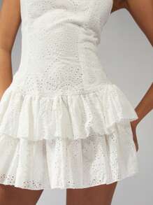 MISSGUIDED Broderie Anglaise Mini Dress With Tiered Ruffle Hem Square Neck Sleeveless Summer Party Dress Eyelet Embroidered Wedding Guest Sundress Perfect For Beach Vacation