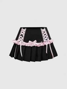 ROMWE Kawaii Chân váy chữ A xếp ly dây nơ dễ thương cho nữ, giản dị và dễ thương - màu đen - Xem 1