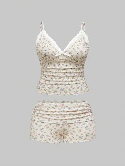 Kawaii 2 pièces/Ensemble Top et short simples à patchwork floral mignon pour le printemps/été