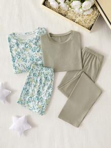 Conjunto de pijama de 4 peças com Top de manga curta e calça, estampa floral, malha texturizada nervurada, confortável, para meninas pré-adolescentes - Multicolorido - Visão 5