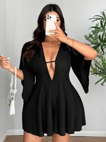 SHEIN Clasi Plus Size Solid Color Short Sleeve Wide Strap Casual Loose Jumpsuit - Black - View 2