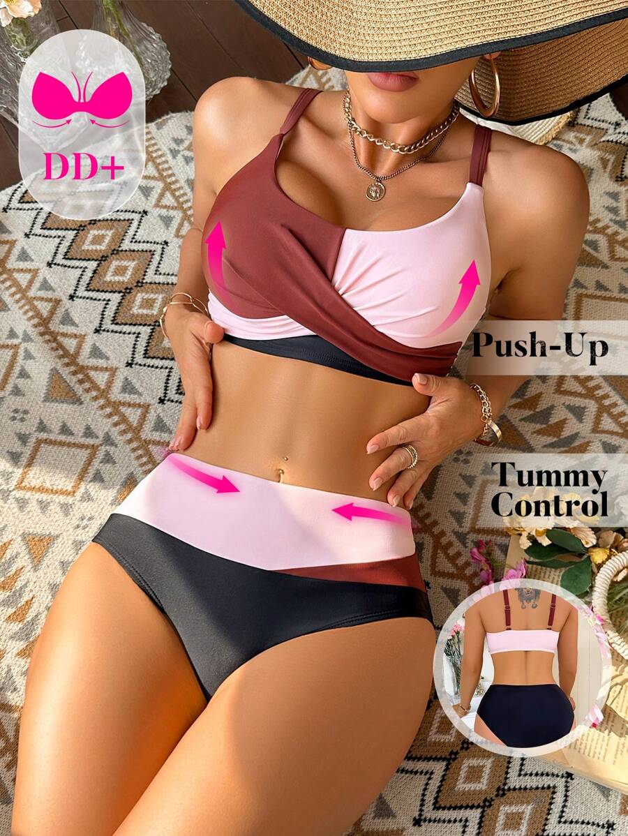 Swim DD+ Women's Color Block Cross Front Bikini Set, For Vacation, For Summer Beach - Multicolor - View 1