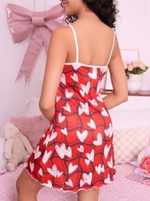 SweetSlumber Heart & Plaid Pattern Women Trim Casual Camisole Nightgown