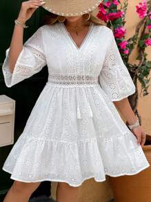 SHEIN VCAY Plus Size Romantic Island V-Neck White Embroidered Fabric Waist Splice Lace Trim A-Line Short Dress Spring Outfits For Women,Summer Outfits For Women,Beach Outfits For Woman,Brunch Outfits For Women, Airport Outfit For Women,Sundress,Vacation Dress,Graduation Dress